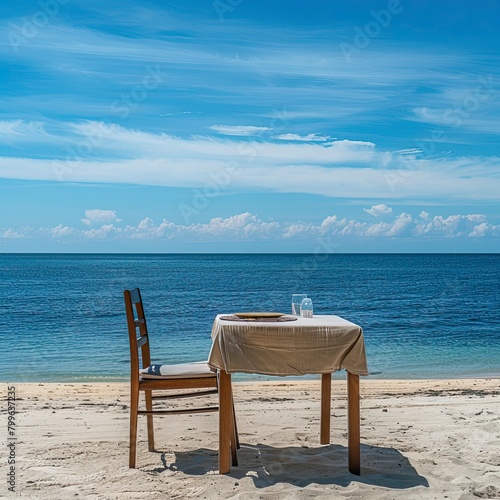 Chair and table on the beach and sea with blue sky  Summer days in beach  Valentine Beach setup