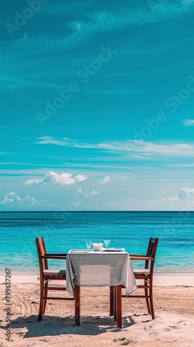 Chair and table on the beach and sea with blue sky  Summer days in beach  Valentine Beach setup