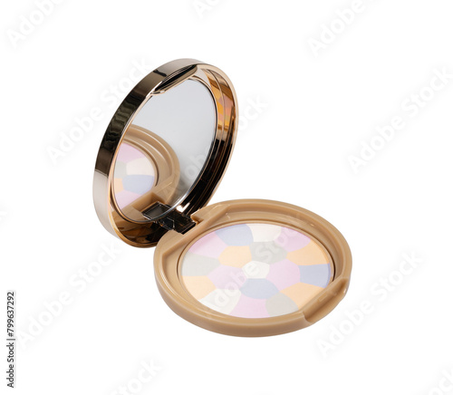 Face makeup powder in a plastic case with a brush on a white background