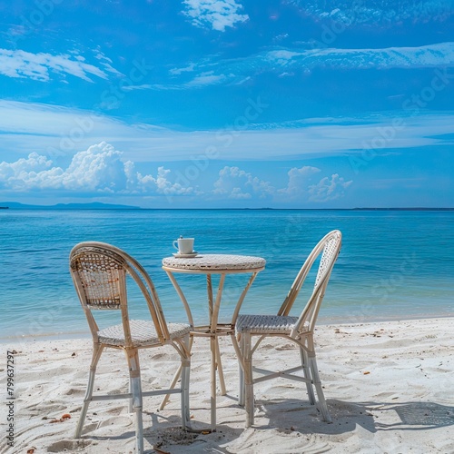 Chair and table on the beach and sea with blue sky  Summer days in beach  Valentine Beach setup