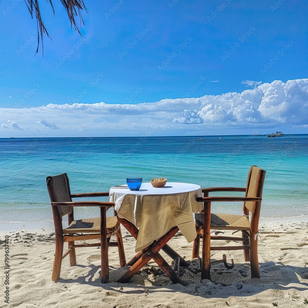 Chair and table on the beach and sea with blue sky, Summer days in beach, Valentine Beach setup