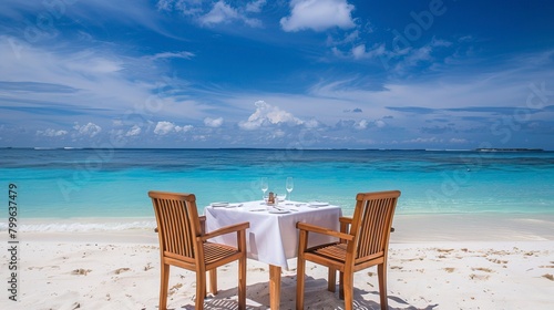 Chair and table on the beach and sea with blue sky  Summer days in beach  Valentine Beach setup