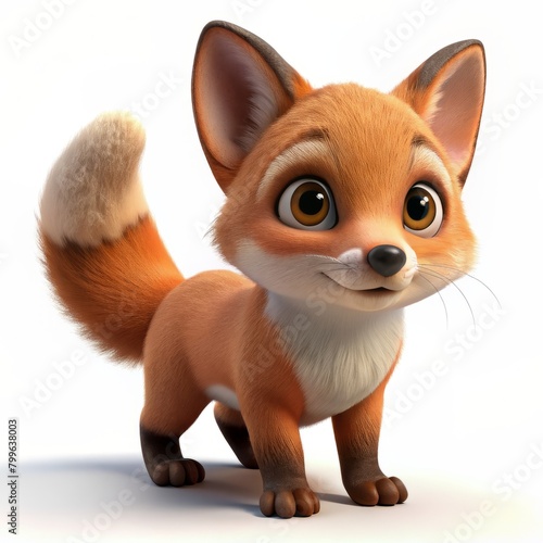  3D Render of a wide-eyed baby fox sniffing the air, on isolated white background, Generative AI 