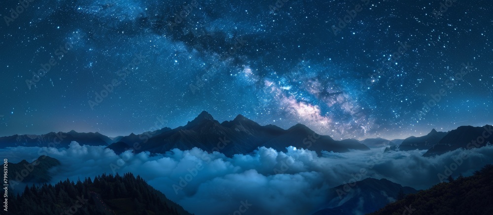 Scenic view of a dark night sky adorned with twinkling stars and wispy clouds hanging above majestic mountains