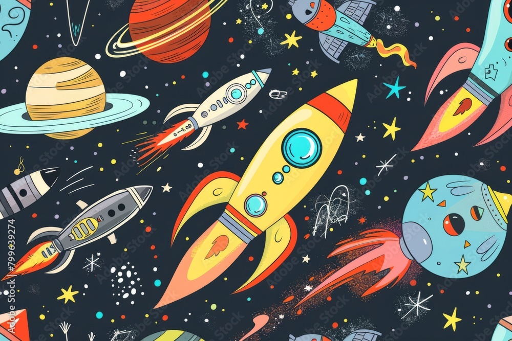 Cartoon cute doodles of a fleet of spaceships embarking on a mission to explore a distant galaxy, Generative AI Cartoon cute doodles of a fleet of spaceships embarking on a mission to explore a distant galaxy, Generative AI