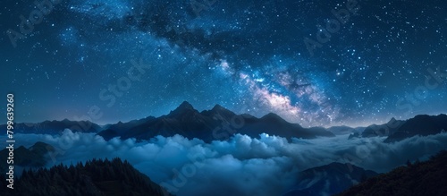 Scenic view of a dark night sky adorned with twinkling stars and wispy clouds hanging above majestic mountains