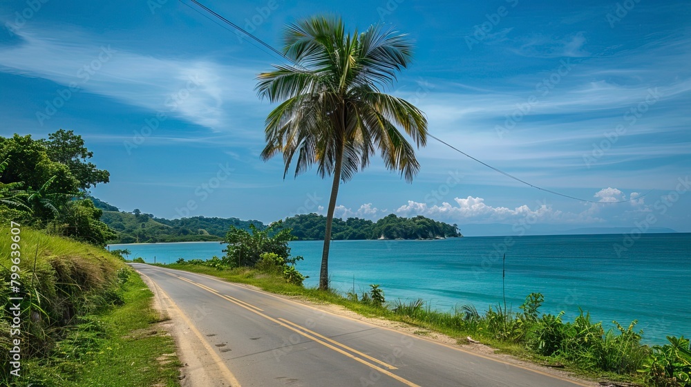 Single Palm Tree beside road and Sea,  Summer days in beach