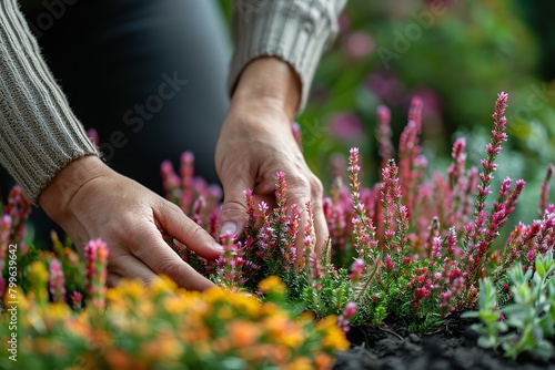 An unrecognized woman hand planting autumn heathers in garden with a beautiful vibrant flowers and space for text, Generative AI.
