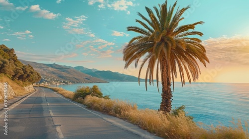 Single Palm Tree beside road and Sea   Summer days in beach