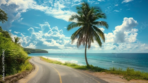 Single Palm Tree beside road and Sea, Summer days in beach