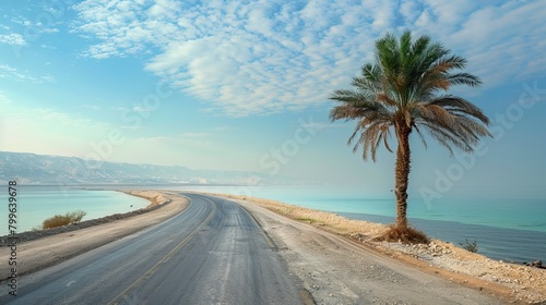 Single Palm Tree beside road and Sea, Summer days in beach