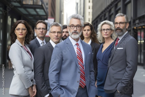 Group of business people standing in a row in front of office building