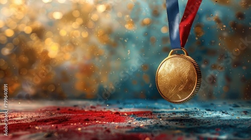 A gold medal hanging on the ribbon, red and blue paint splashes background.