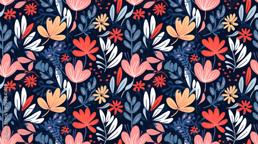 A seamless pattern of colorful flowers and leaves on a dark blue background. A seamless pattern of colorful flowers and leaves on a dark blue background.