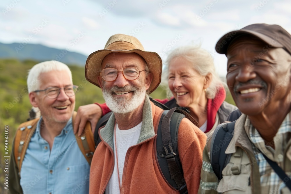 Group of seniors hiking in the nature. Selective focus on the man Group of seniors hiking in the nature. Selective focus on the man