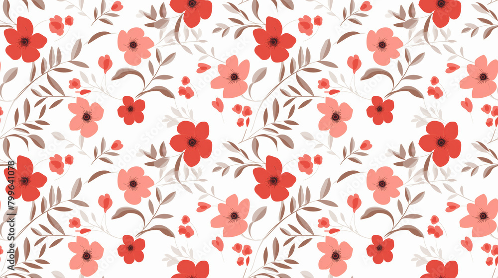 A cute floral pattern with red, pink, and orange flowers and green leaves on a white background.