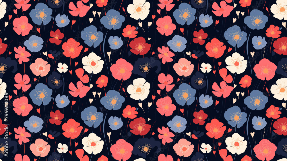 A cute floral pattern with red, pink, and blue flowers on a dark blue background. A cute floral pattern with red, pink, and blue flowers on a dark blue background.
