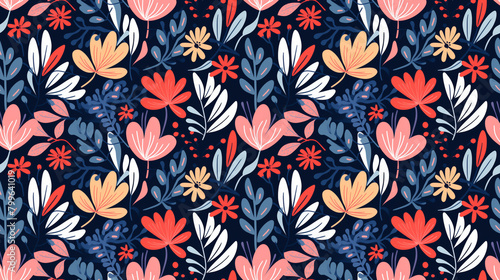 A seamless pattern of colorful flowers and leaves on a dark blue background.