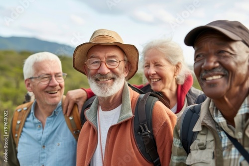 Group of seniors hiking in the nature. Selective focus on the man