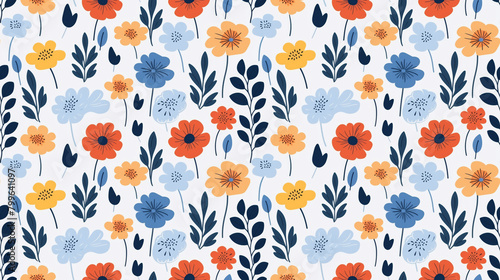 A cute floral pattern with small blue, orange and yellow flowers and dark blue leaves on a white background.