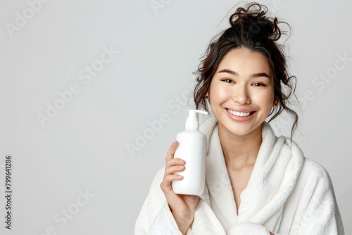 beautiful woman presenter holding a mockup bottle of skincare or shampoo product  ,Skincare product, shampoo, photo