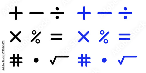 Calculator symbols isolated on white background – Addition, subtraction, division, multiplication, percentage, equal to, number symbol, decimal point, and square root photo
