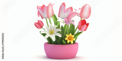 Flowers in a planter  tulip  lily  3D  childish style  on a white background  aspect ratio 2 1