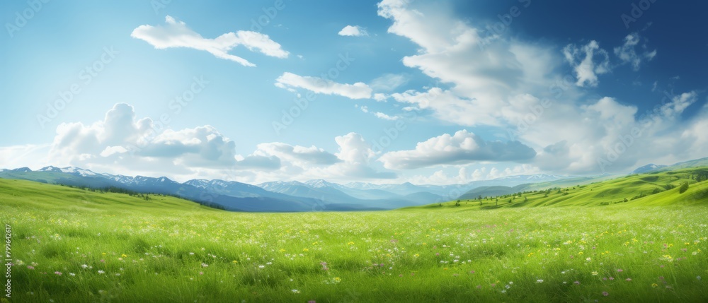 Wide green meadow with wildflowers, perfect for environmental ads with sky copy space,