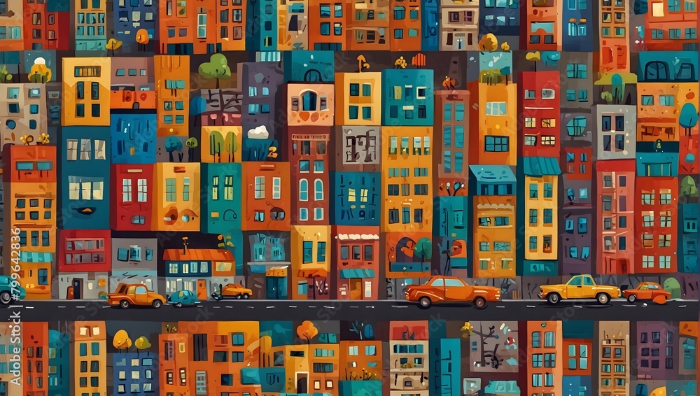 A vibrant array of cartoon blocks reminiscent of a cheerful cityscape, with buildings, cars, and friendly faces ai_generated A vibrant array of cartoon blocks reminiscent of a cheerful cityscape, with buildings, cars, and friendly faces ai_generated
