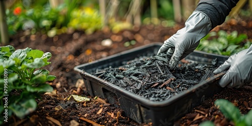 In a vegetable garden, a gardener sporting safety gloves deploys wood ash from a tray to the topsoil in order to fertilize and add potassium and space, Generative AI.
