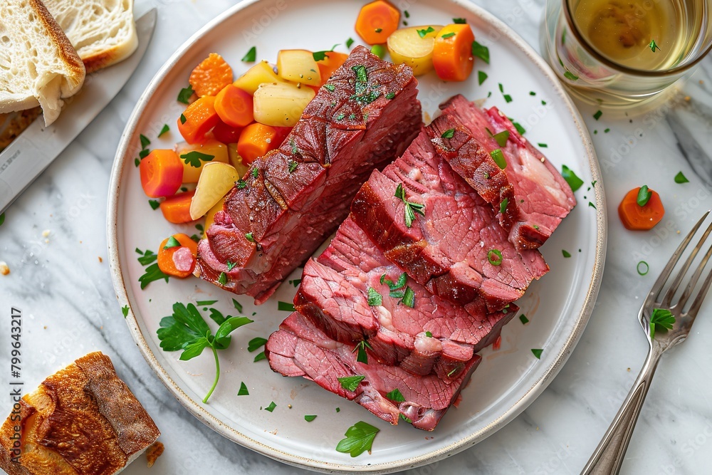 Over a white marble table backdrop, a plate encompassing newly rendered corned beef and veggies is viewed from above adorned lovely and space, Generative AI.
