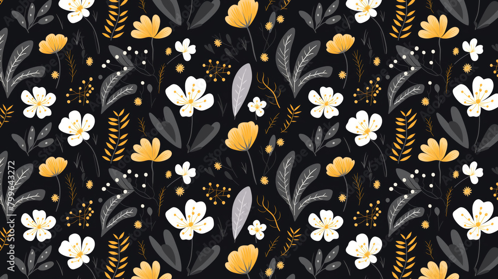A seamless pattern of hand-drawn flowers and leaves in a folk art style. The flowers are white, yellow and grey with black stems and leaves on a black background. A seamless pattern of hand-drawn flowers and leaves in a folk art style. The flowers are white, yellow and grey with black stems and leaves on a black background.