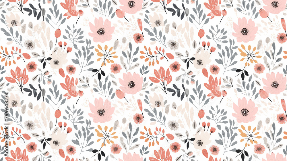 A seamless pattern of hand-drawn flowers and leaves in a pink, orange, and gray color scheme. A seamless pattern of hand-drawn flowers and leaves in a pink, orange, and gray color scheme.