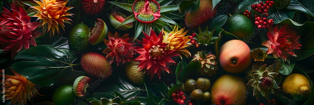 Background from tropical fruits. Summer flora and fruits, tropical jungle flowers, soursop, Venus flytrap, atik. close-up