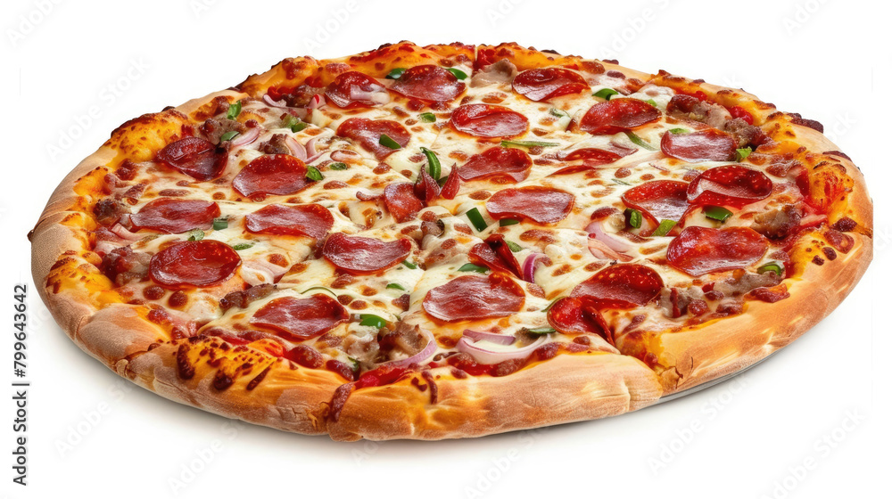 Pizza with salami and mozzarella isolated on a white background.