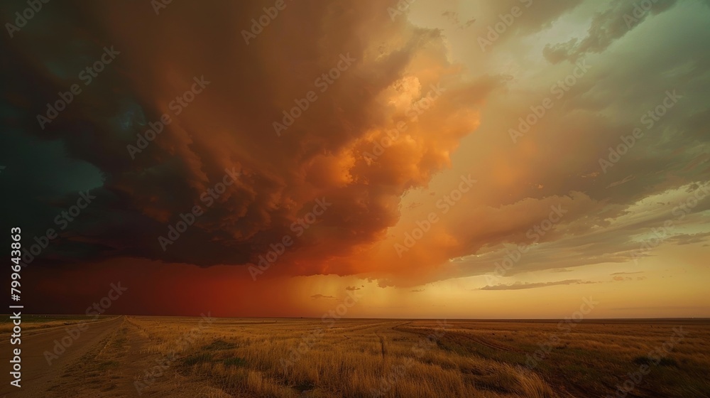 A massive cloud dominates the sky, casting shadows over a vast field below. The landscape is open and expansive, with the cloud drawing attention to the wide expanse of the scene.