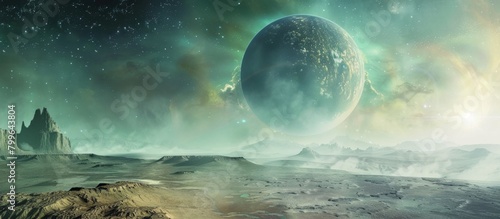 A distant planet can be seen in the background against the vast expanse of the horizon