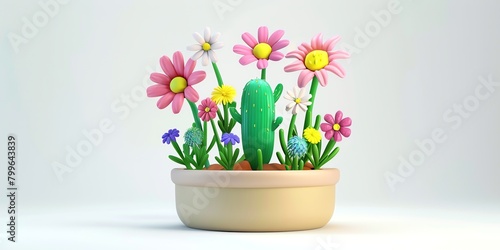 Wallpaper Mural Flowers in a planter, cactus, 3D, childish style, on a white background aspect ratio 2:1 Torontodigital.ca
