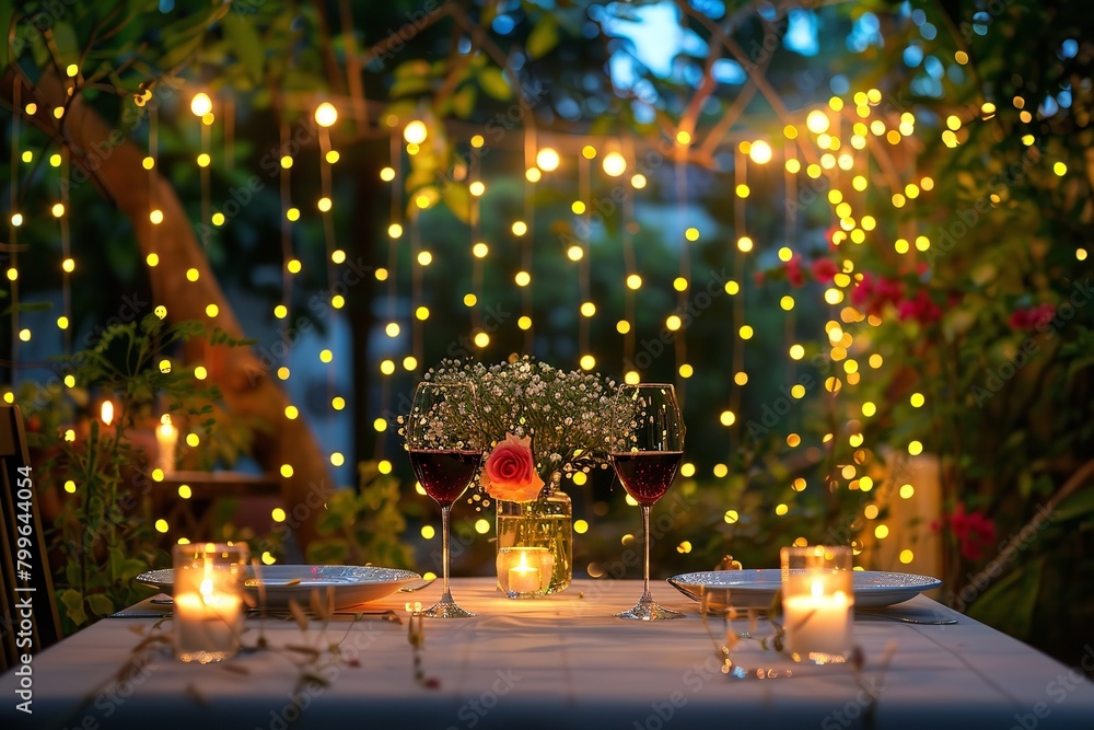 Summertime fairy lights over a fuzzy garden backdrop and a tastefully organized dining table for a dinner party lovely assortment and space, Generative AI.