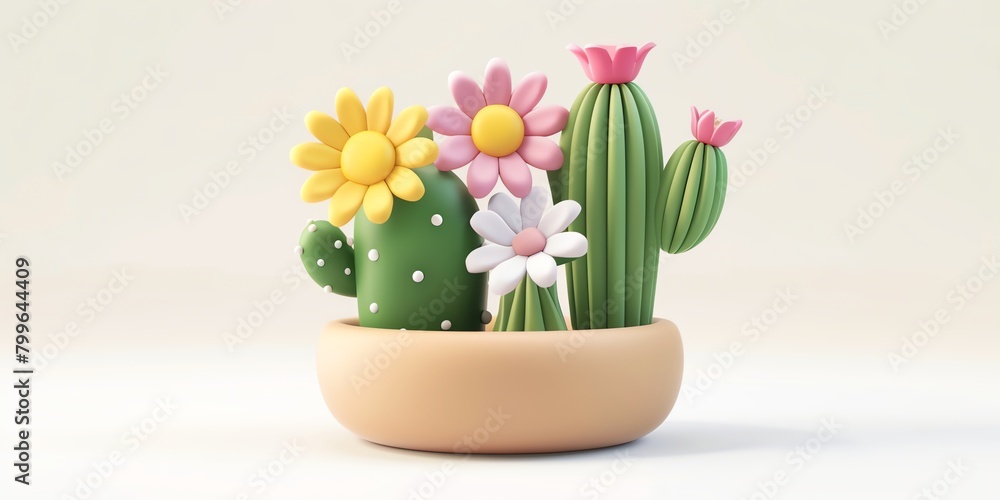 Flowers in a planter, cactus, 3D, childish style, on a white background aspect ratio 2:1