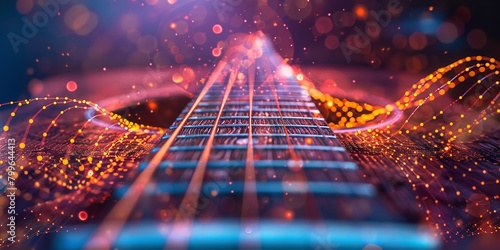 An incredibly in-depth of a vibrating guitar string that is being strummed, with sound waves perceptible in the atmosphere lovely music and space, Generative AI. photo