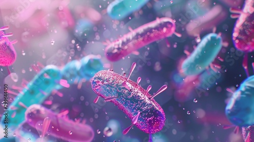 A 3D depiction of diverse probiotic microorganisms, including Lactobacillus, Bifidobacteria, Enterococcus, and Streptococcus thermophilus.