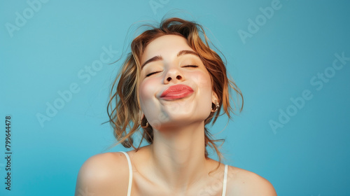 Young woman puckering lips, blue background, portrait.