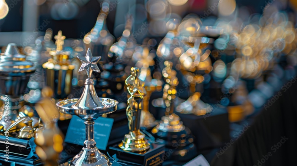 A table covered in various awards and prizes to be given out at the event.