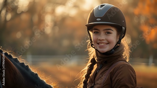 Golden Hour Bond: A Child's Joyful Ride with Her Beloved Horse © Maquette Pro