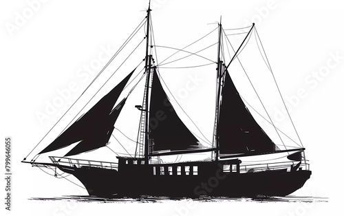 Silhouette of a sailing ship from a side view, on an isolated white background. vector illustration. 