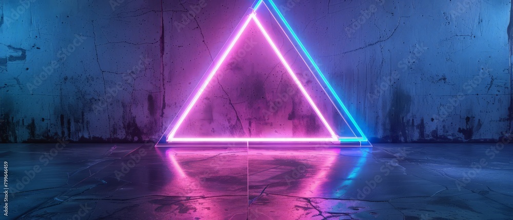 Futuristic Sci-Fi Triangle Shaped Neon Tube Vibrant Purple And Blue Glowing Lights On Reflective Tilted Rough Concrete Surface In Dark Room Empty Space 3D Rendering Illustration