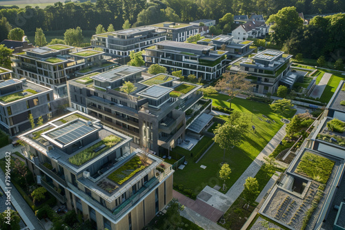 From above  a European district shows a green-roofed  solar-paneled apartment complex  showcasing sustainability.