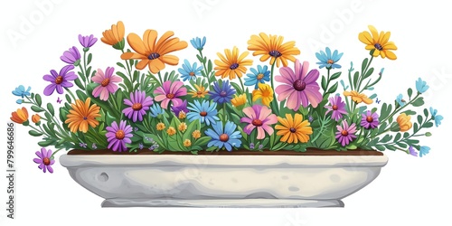 Flowers in a planter, 3D, picus, childish style, on a white background aspec ratio 2:1