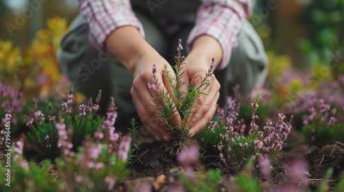 An unrecognized woman hand planting autumn heathers in garden with a beautiful vibrant flowers and space for text, Generative AI.